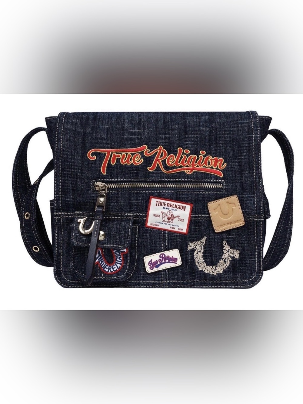 NWOT*True Religion Medium Size Navy Denim Patch Crossbody Messenger Bag
